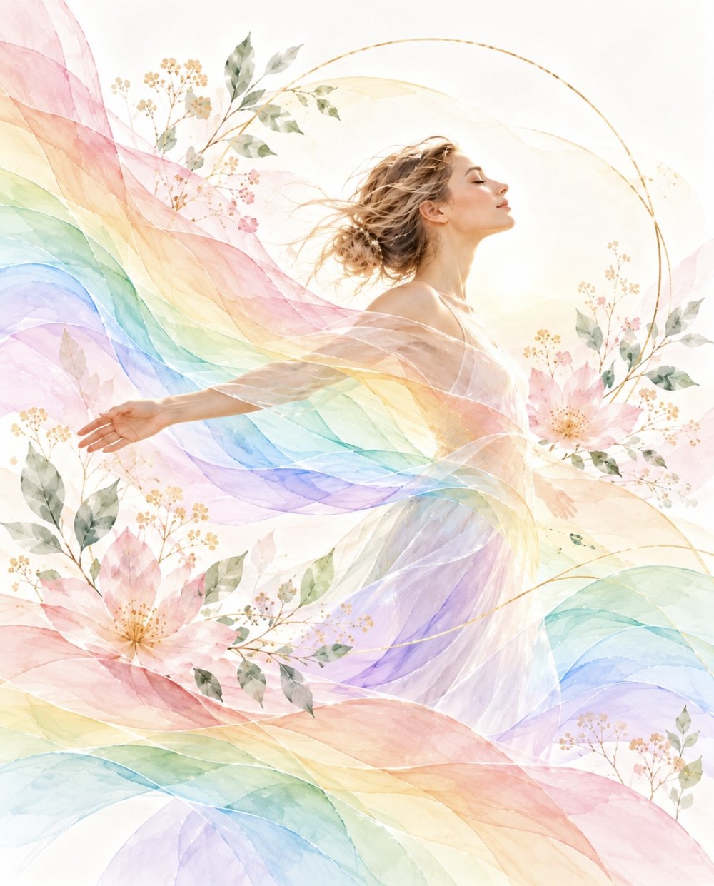 Aquarelle : une femme les yeux fermés, le visage levé et les bras ouverts, portée par des voiles aux couleurs de l'arc-en-ciel et des fleurs