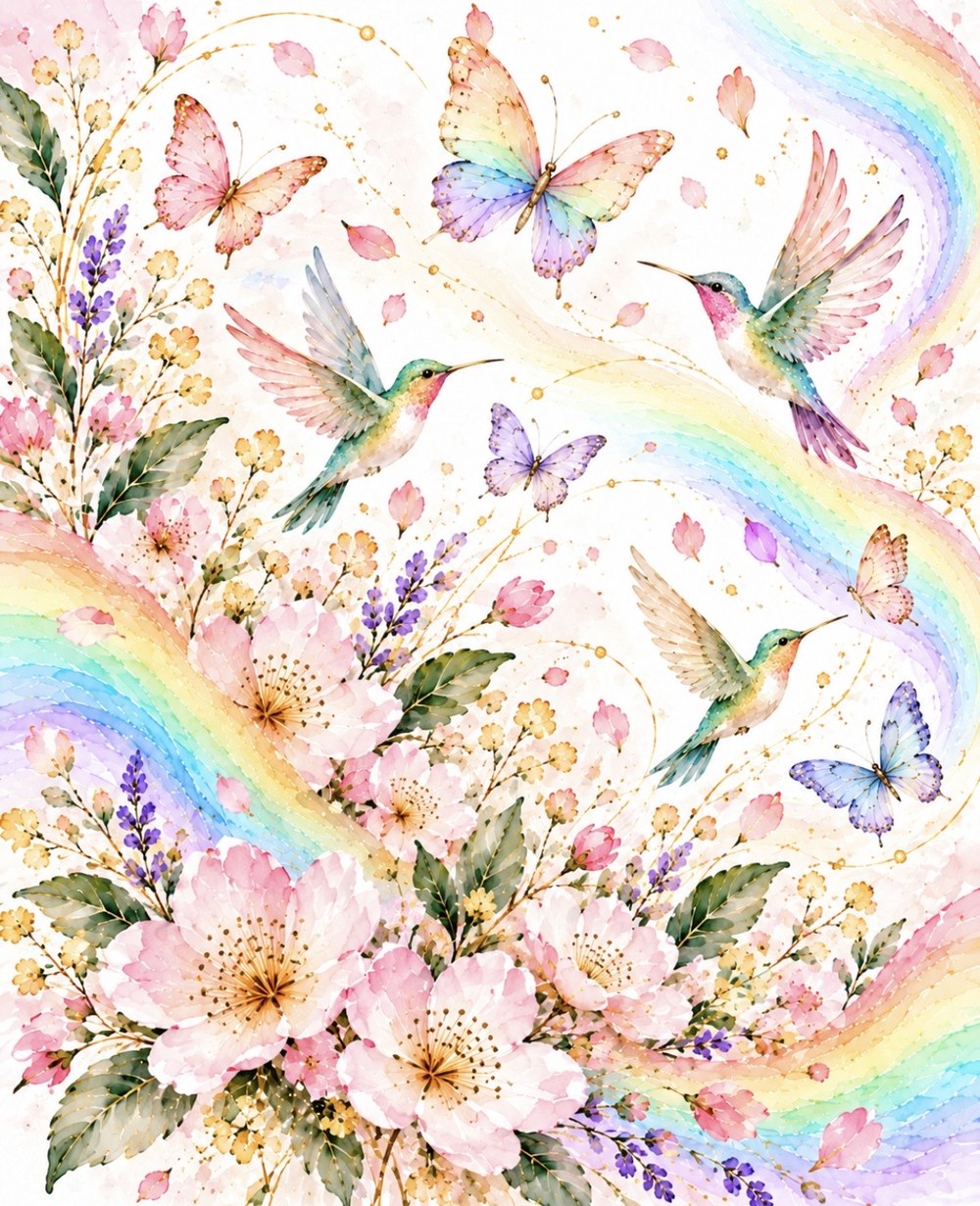 Aquarelle de colibris, de papillons et de fleurs roses, sous un arc-en-ciel pastel