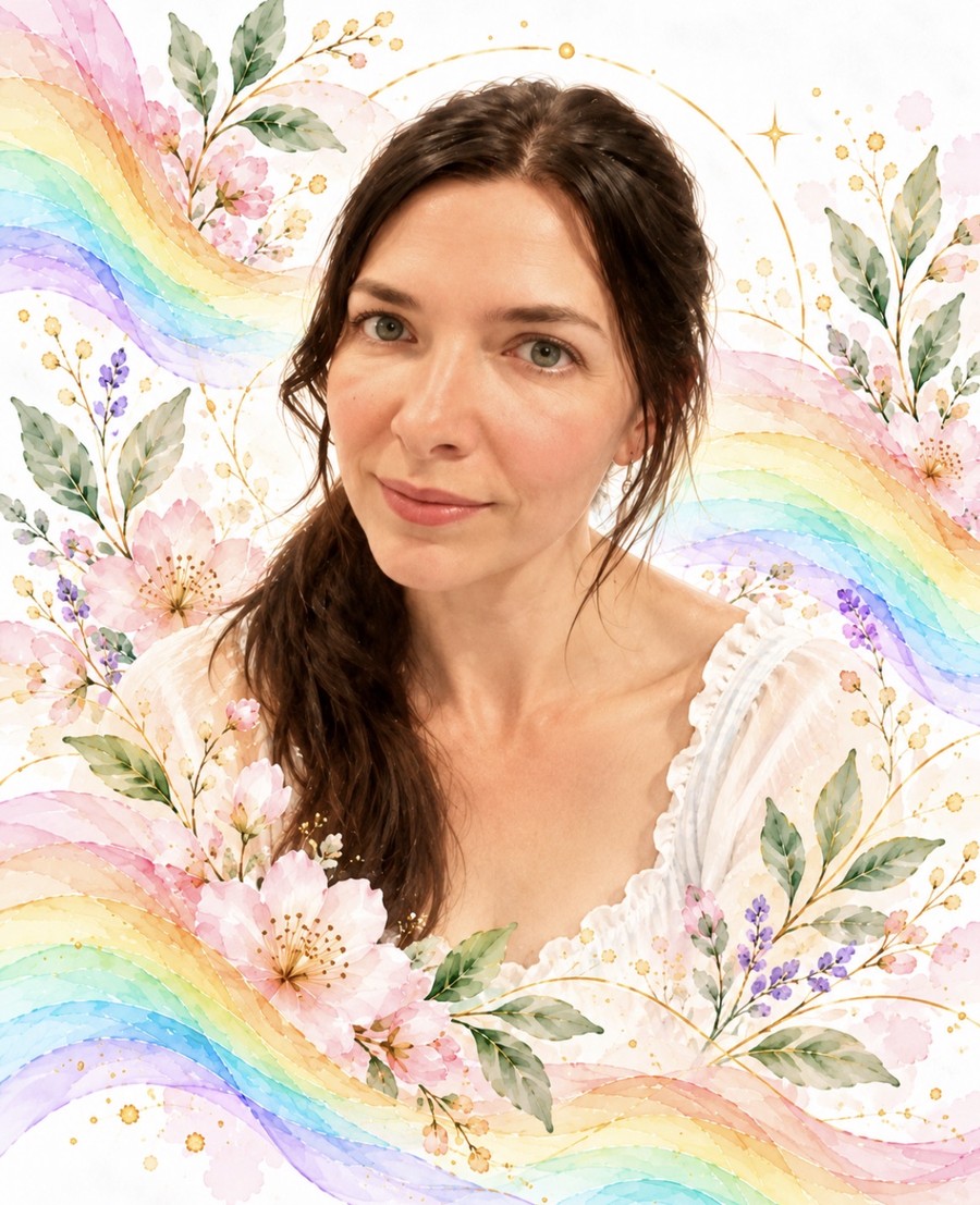 Portrait de Jennifer Sannier, praticienne en kinésiologie, sur un fond aquarelle aux couleurs de l'arc-en-ciel