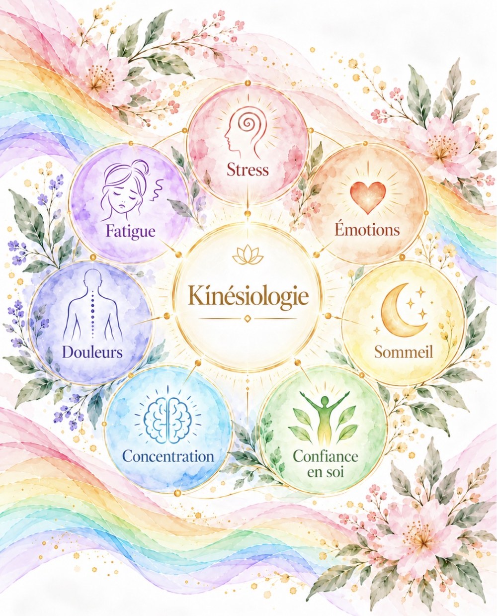 Illustration aquarelle de la kinésiologie : stress, émotions, sommeil, confiance en soi, concentration, douleurs et fatigue, autour du centre