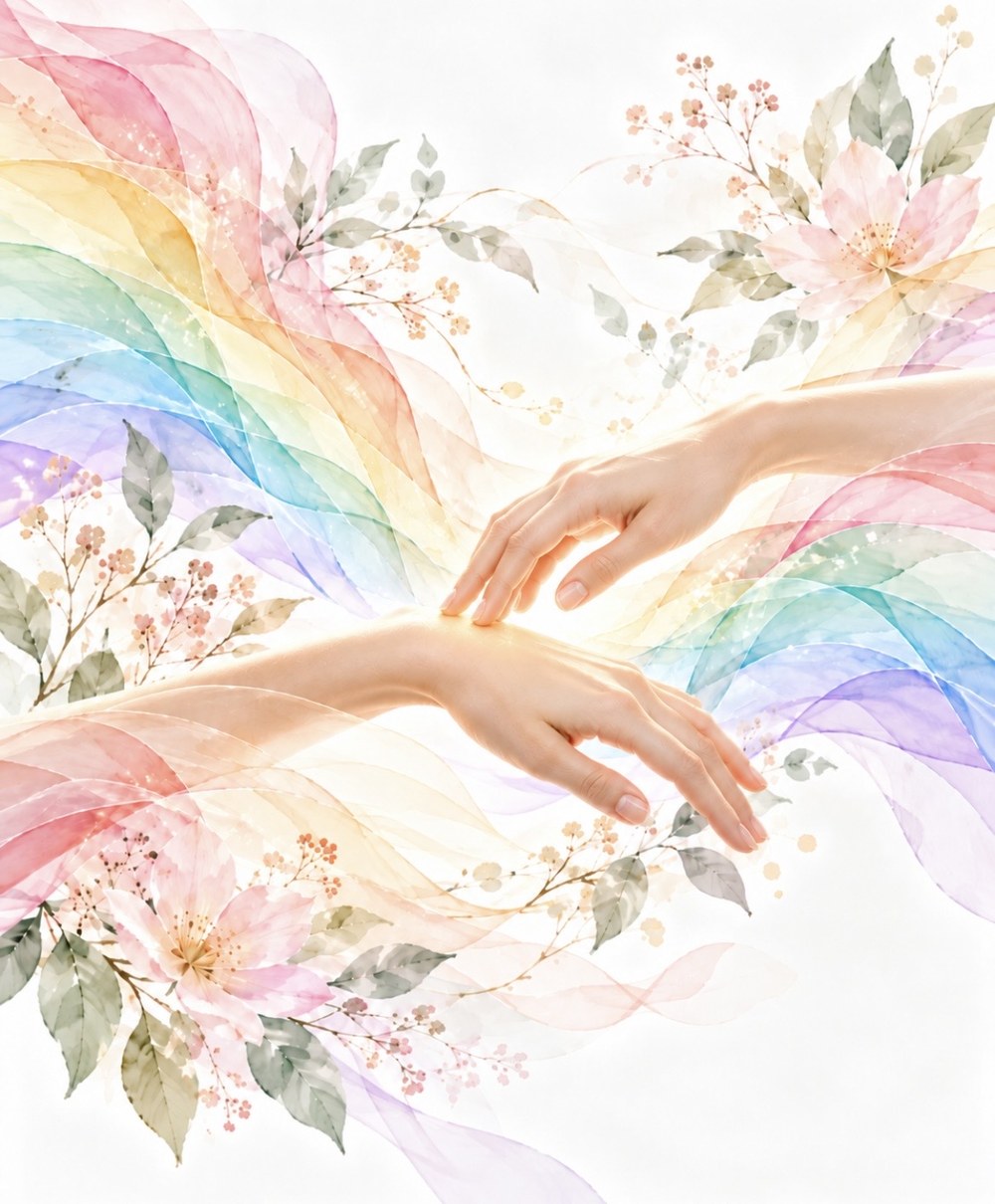 Illustration aquarelle : deux mains posées sur un bras, sur fond arc-en-ciel