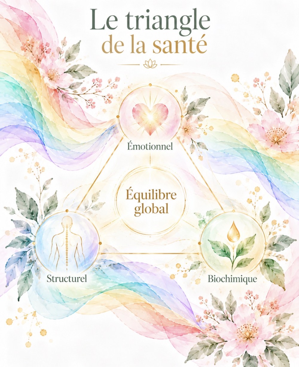 Illustration aquarelle du triangle de la santé : émotionnel, structurel et biochimique autour de l'équilibre global, entourés de voiles arc-en-ciel et de fleurs